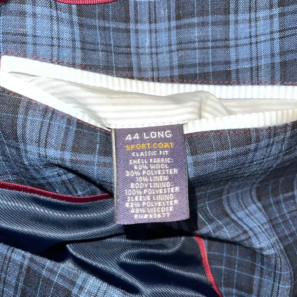 Stafford Mens 44 Long Blue Plaid Sport Coat Wool Linen Blend Classic Fit Blazer